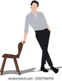 Brown-haired man, wearing a white t-shirt, blue shirt, black trousers and black boots. He is leaning on a wooden chair. Completely vectorised. You can change the colours.