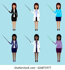 Brown-haired, red-haired, blonde and brunette, women, in businesswoman's suit, doctor, teacher, give a presentation or lecture. A set of characters from different professions in a flat style.