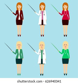 Brown-haired, red-haired, blonde and brunette women, in businesswoman's suit, doctor, teacher, give a presentation or lecture. A set of characters from different professions in a flat style.
