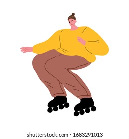 Brown-haired roller skater girl in yellow shirt enjoying outdoor skating. Vector illustration in flat cartoon style.