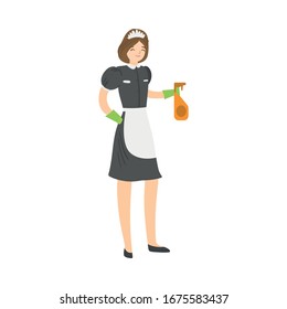 Brown-haired smiling housemaid posing with a squirting spray bottle. Vector illustration in flat cartoon style.