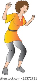 A brown-haired woman is dancing. Illustration in colors and vector format.