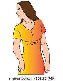 A brown-haired woman facing sideways. Illustration in colors and vector format.  