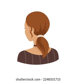 Brown-haired woman with ponytail vector illustration. Back view of trendy female hairstyle with white hair tie isolated on white background. Beauty salon concept