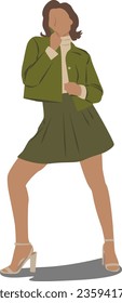 Brown-haired woman posing with green jacket, white shoes and green skirt. Completely vectorised. You can change the colours.