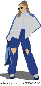 The brown-haired woman is wearing a jacket with a blue pattern embroidered on white and jeans cut in the shape of a heart. Completely vectorised. You can change the colours.