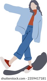 Brown-haired woman, wearing a red sweater, blue coat and jeans, goes for a walk. Completely vectorised. You can change the colours.