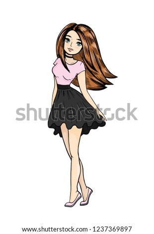 Brown-haired young beautiful woman. Vector isolated illustration.