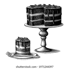 Brownie cake hand drawn vintage engraving style black and white clip art isolated on white background