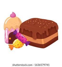 brownie chocolate with home cupcake and candies vector illustration design