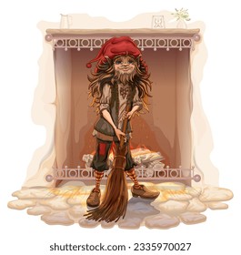 Brownie english dwarf elf sweeping floor by fireplace. Vector cartoon illustration