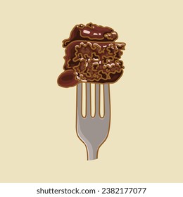 Brownie. Food on a fork.