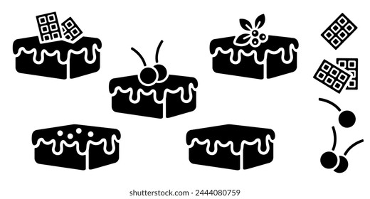 Brownie icon, black silhouette on white. Square piece of cake or pie with icing decorated with chocolate, cherry and nuts. Vector stencil clipart, minimalist design sign or logo of bakery and dessert.