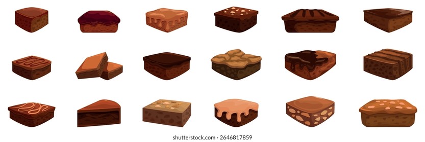 Procurar conjunto de ícones. Conjunto de brownies quadrados e fatiados com várias coberturas, criando uma exibição tentadora para os amantes de chocolate