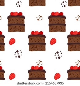 Brownie pattern with strawberry. Traditional bakery tasty cartoon illustration background. Hand drawn dessert vector backdrop for menu, wrap skinny tumbler