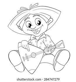 Brownie playing a balalaika. Black and white illustration for coloring book