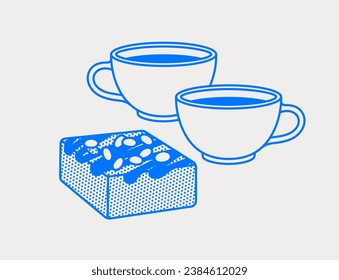 Brownie with two cups of coffee. Line art, retro. Vector illustration for bars, cafes, and restaurants.