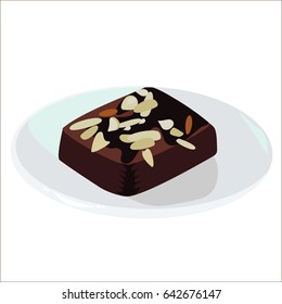 Brownies cake with almonds on the white plate, the vector design and isolated object.