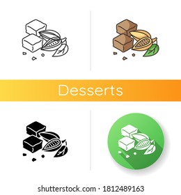 Brownies icon. Chocolate baked confection. Fudgy brownie. Brown biscuits. Cocoa based cookies. National American cuisine. Linear black and RGB color styles. Isolated vector illustrations