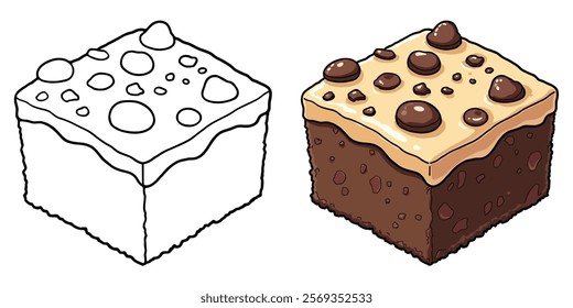 Brownies Line Art Vector Illustration Black and White with Coloring Sample. Bold and Easy Food and Snacks Coloring Pages for Adults and Kids.