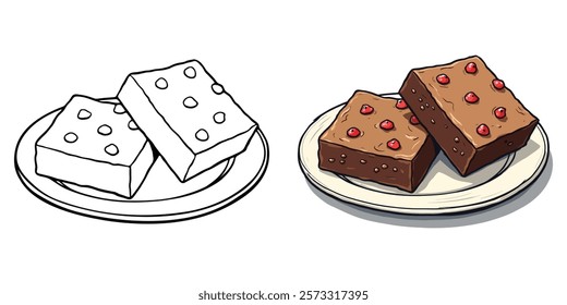 Brownies Line Art Vector Illustration Black and White with Coloring Sample. Bold and Easy Food, Sweets, Drinks, Dessert, and Snacks Coloring Pages for Adults and Kids.