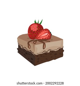 Brownies topped with chocolate and strawberries on top.Isolated vector illustration on a white background.