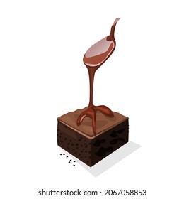 Brownies topped with chocolate.Chocolate flows from the spoon into the brownies.Isolated vector illustration on a white background.