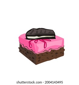 Brownies topped with strawberry cream and biscuits.Isolated vector illustration on a white background.
