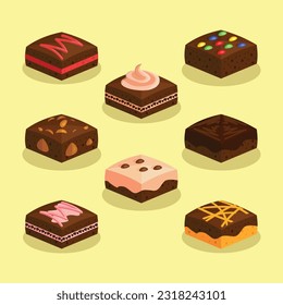 Brownies Variations Vector Set, Chocolate, Nut, Hazelnut, Cheese, Cream, Colorful, Various Toppings