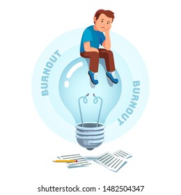 Brownout, frustration, loss of sense of purpose at work concept. Sad depressed creative profession worker or inventor sitting on unlit powered off idea light bulb. Flat vector character illustration