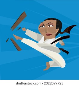 A brown-skinned lady practicing karate and breaking a board.