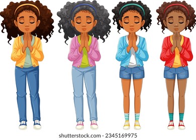 A brown-skinned woman with curly hair stands in prayer