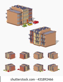 Brownstone town house. 3D lowpoly isometric vector illustration. The set of objects isolated against the white background and shown from different sides