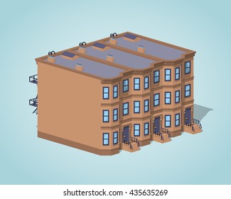 Brownstone town house against the blue background. 3D lowpoly isometric vector illustration