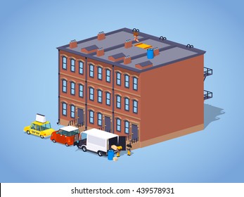 Brownstone town house against the blue background. 3D lowpoly isometric vector illustration