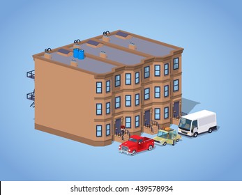 Brownstone town house against the blue background. 3D lowpoly isometric vector illustration