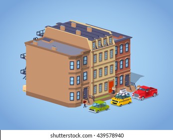 Brownstone town house against the blue background. 3D lowpoly isometric vector illustration