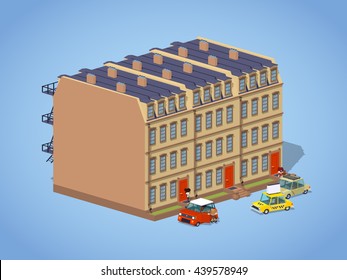 Brownstone town house against the blue background. 3D lowpoly isometric vector illustration