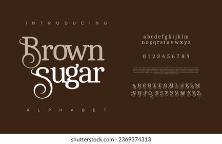 Brownsugar premium luxury elegant alphabet letters and numbers. Elegant wedding typography classic serif font decorative vintage retro. Creative vector illustration