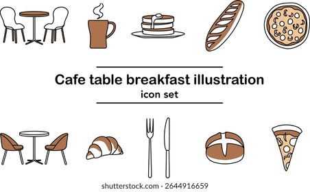 Brown-themed cafe breakfast vector icon set – hand-drawn illustrations of pancakes, coffee, croissant, pizza slice, baguette, table and chairs, fork and knife on white background