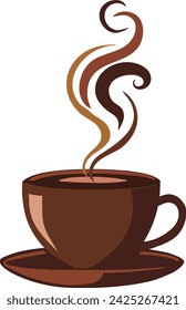 Brown-Toned Coffee Cup and Saucer, Rising Waves of Swirling Steam. Vector illustration.