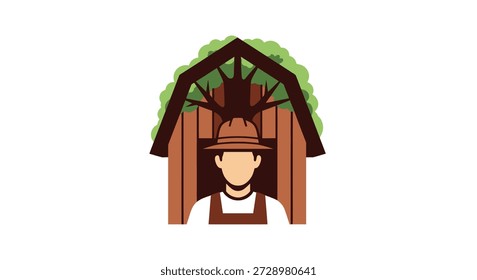 Brown-toned stylized graphic of a man in front of a shack