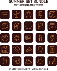 Pacote de ícones de verão em tons castanhos exibindo elementos de design de férias, lazer e viagem em um estilo de vetor minimalista