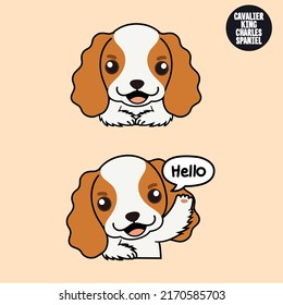 Brown-white Cavalier King Charles Spaniel puppy dog with a smile and hello action. 2D cute cartoon character design in flat style.
