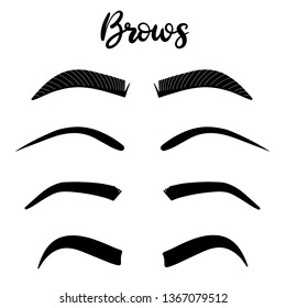 Brows icon set lettering vector illustration for beauty salon, fashion blog, logo, brow master, professional makeup artist. Different shapes and styles of brows. EPS10