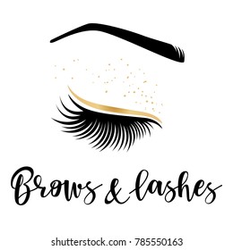 Brows and lashes gold logo. Vector illustration of lashes and brow. For beauty salon, lash extensions maker, brow master.