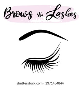 Brows and lashes lettering vector illustration for beauty salon, fashion blog, logo, false eyelashes extensions maker, brow master, professional makeup artist. EPS10