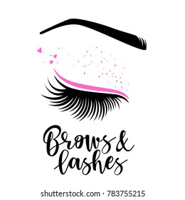 Brows and lashes lettering. Vector illustration of lashes. For beauty salon, lash extensions maker, brow master.