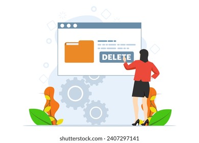 Browse delete files and move unneeded files to the large trash bin. woman deletes documents with software User deletes folder with documents. Erase digital memory. flat vector illustration.