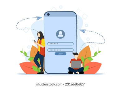 Browse online listings. Registration or register user interface. Users use secure logins and passwords. Online registration collection, sign. flat vector illustration on white background.